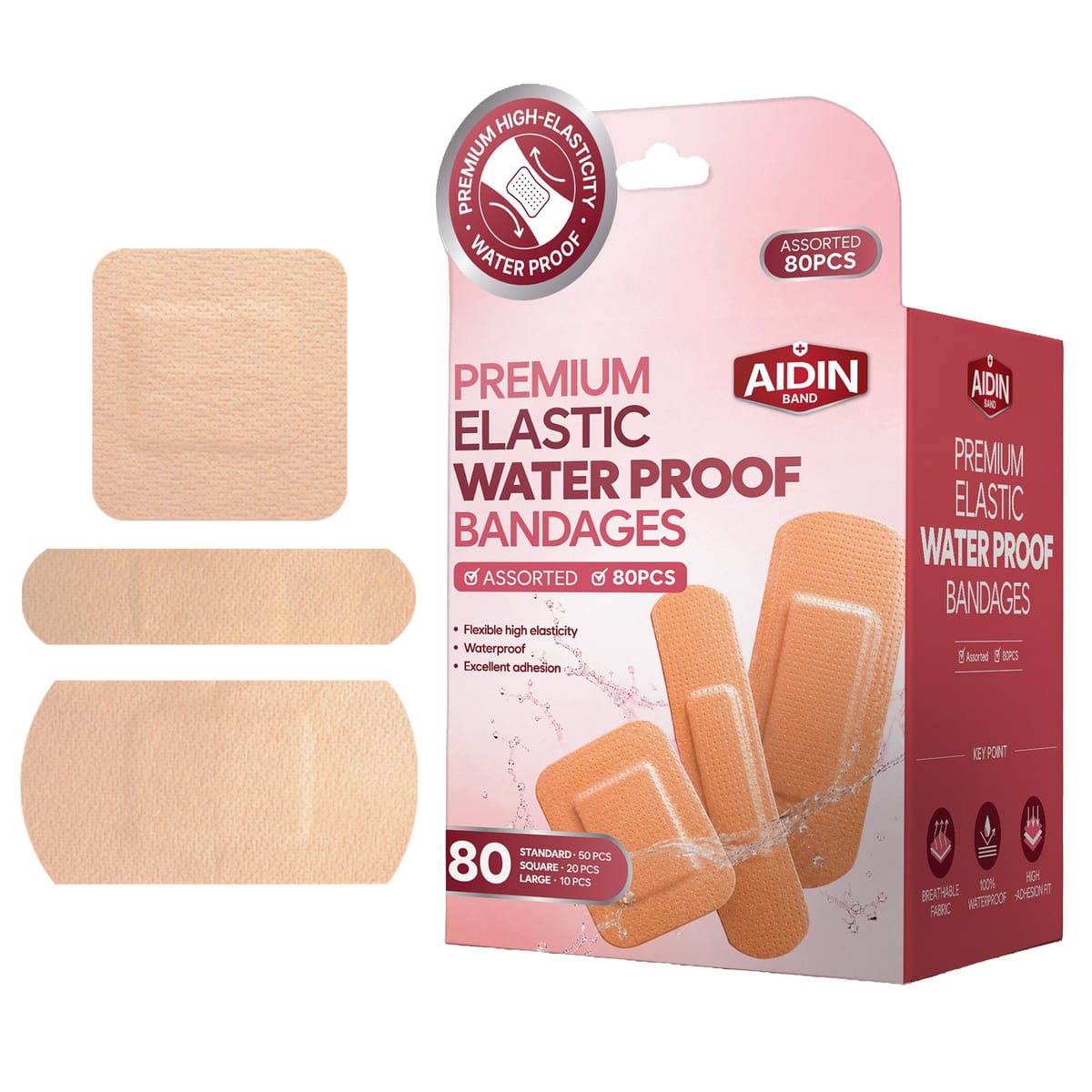 Premium Elastic Waterproof Bandages — Assorted · 80 count